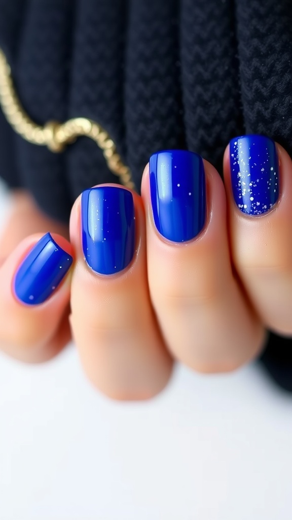 Close-up of glamorous glitter nail art in royal blue with silver glitter tips.